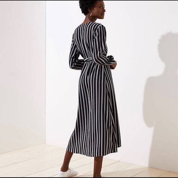 LOFT Striped Midi Black & White Wrap Dress, size S - Picture 2 of 10